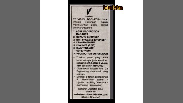Lowongan Kerja Operator PT VOLEX INDONESIA Iklan Loker Batam Hari Ini смотреть онлайн