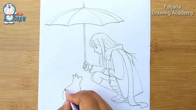 A girl with a cat in rainy day - Pencil Drawing || How to draw a girl with umbrella смотреть онлайн