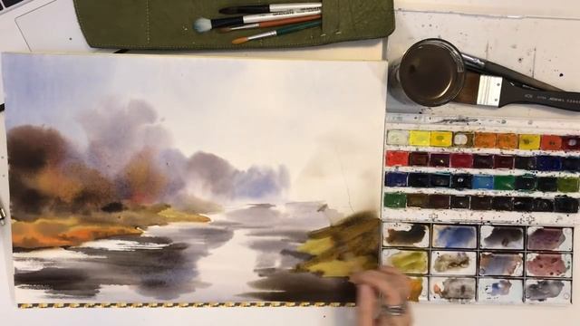 Акварельный пейзаж «Осеннее утро». Рисуем атмосферный осенний пейзаж в технике «по-мокрому». смотреть онлайн