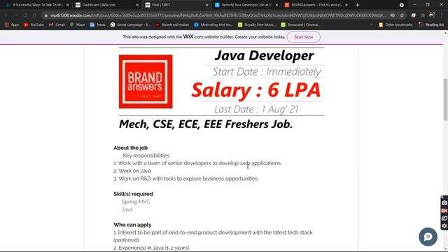 Salary : ₹6 LPA Remote Java Developer Job at BRANDanswers #freshersjobinfo смотреть онлайн