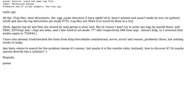 DevOps & SysAdmins: trac: "Internal server error (500)" with mod_fcgid and mod_suexec смотреть онлайн