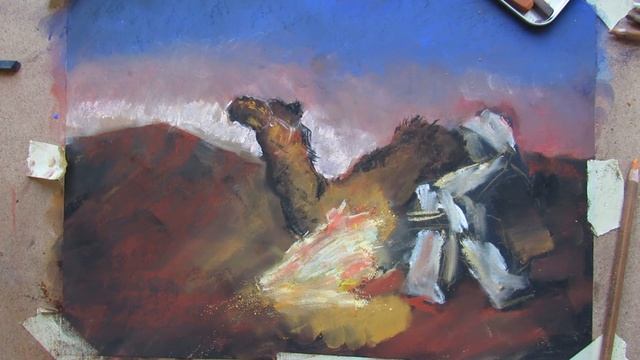 Как нарисовать ночь в пустыне. Пейзаж закат у огня. смотреть онлайн