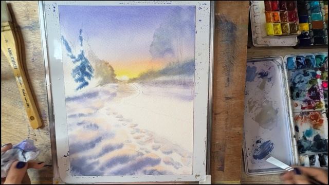Зимний пейзаж с рекой акварелью. Winter Landscape Watercolor.