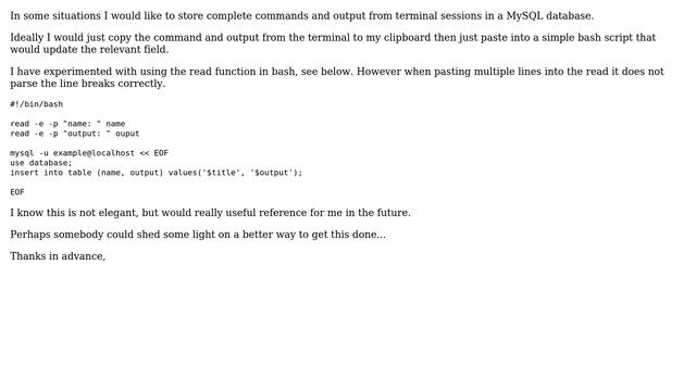 Selectively record commands and output from terminal to MySQL table смотреть онлайн