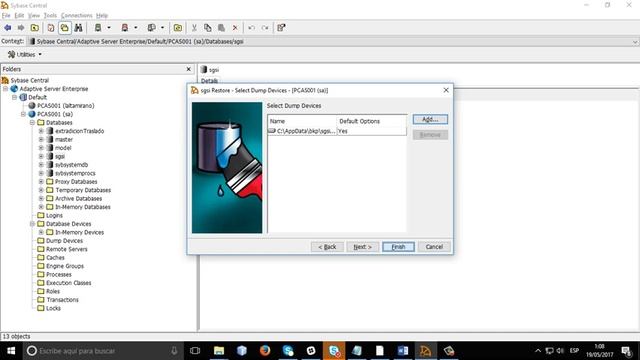 RESTORE DATABASE SYBASE CENTRAL