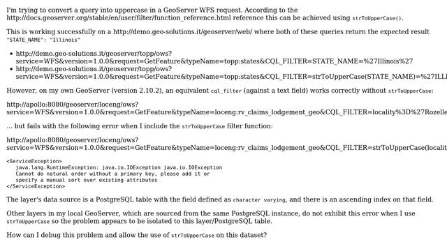GIS: cql_filter with strToUpperCase() fails with "Cannot do natural order without a primary key" смотреть онлайн