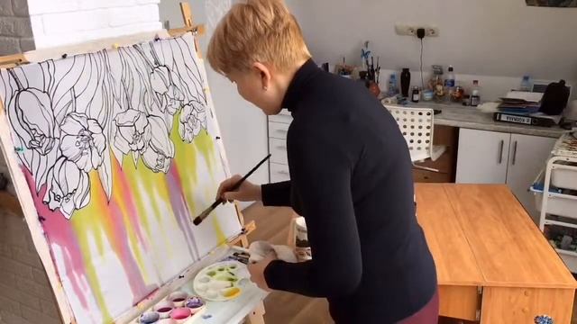 Роспись платка в свободной технике. Заливка фона смотреть онлайн