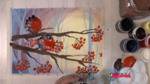 Как нарисовать снегирей на ветке рябины. Нетрадиционное рисование. Гуашь.