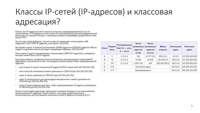 Классы IP-сетей (IP-адресов) и классовая адресация смотреть онлайн
