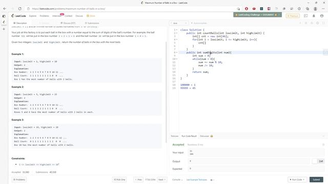 LeetCode 1742 | Maximum Number of Balls in a Box | Counting Array | Java смотреть онлайн