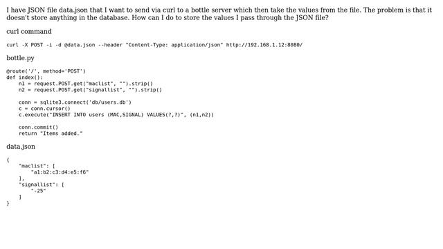 How to send JSON data to a bottle server and store the value in sqlite3? смотреть онлайн