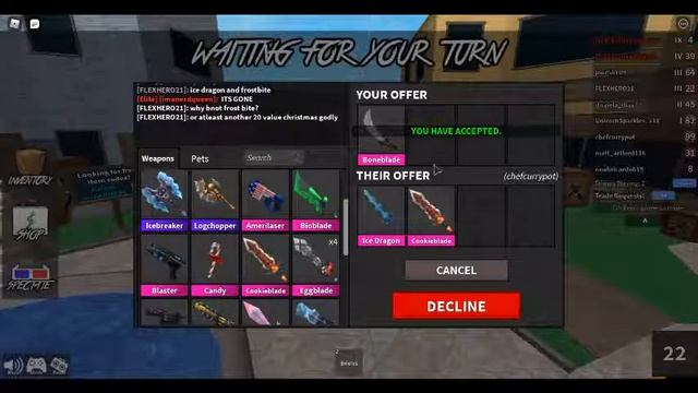 Trading Bone Blade for Ice Dragon and Cookie Blade in MM2. смотреть онлайн