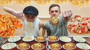 ПИЦЦА ХИНКАЛИ РОЛЛТОН КТО БЫСТРЕЕ СЪЕСТ l  КТО БОЛЬШЕ СЪЕСТ МНОГО ЕДЫ