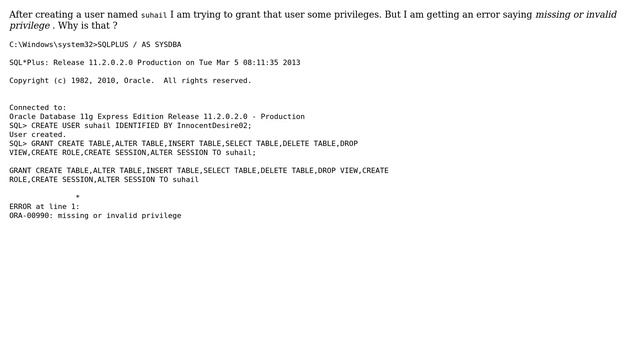 Databases: ORA-00990 error while trying to grant priviliges: Why is that? смотреть онлайн