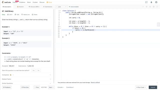 Leetcode 67 - Add Binary (JAVA Solution Explained!) смотреть онлайн