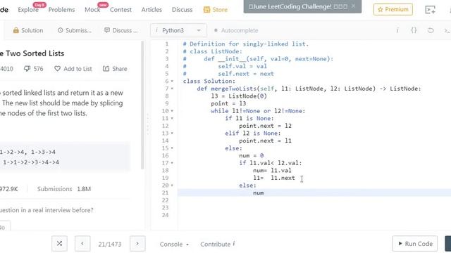 LeetCode: Merge Two Sorted Lists (Python Code) смотреть онлайн