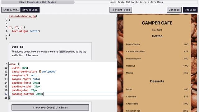 Learn Basic CSS by Building a Cafe Menu - Steps 51-60 смотреть онлайн