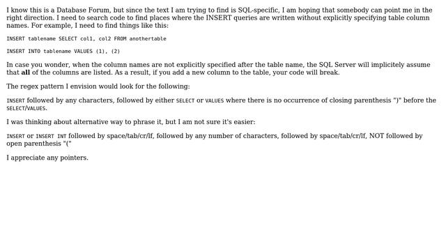Databases: Need help phrasing regular expression to find particular T-SQL pattern (2 Solutions!!) смотреть онлайн