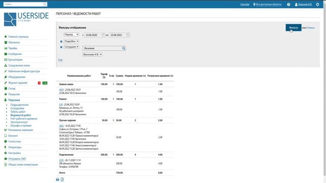 ERP USERSIDE – Ведомости работ и Учёт рабочего времени смотреть онлайн