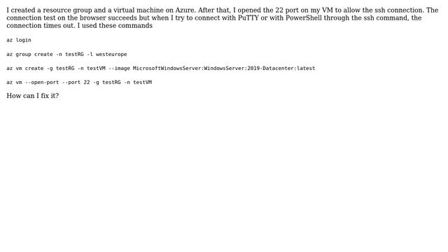 Azure VM and ssh connection: test succeeded but PuTTY timed out смотреть онлайн