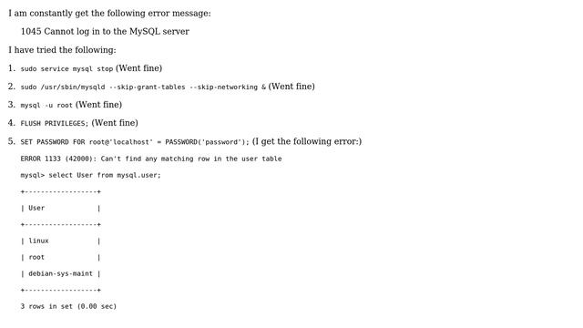 Ubuntu: How to deal with MySql ERROR 1133 (42000): Can't find any matching row in the user table? смотреть онлайн