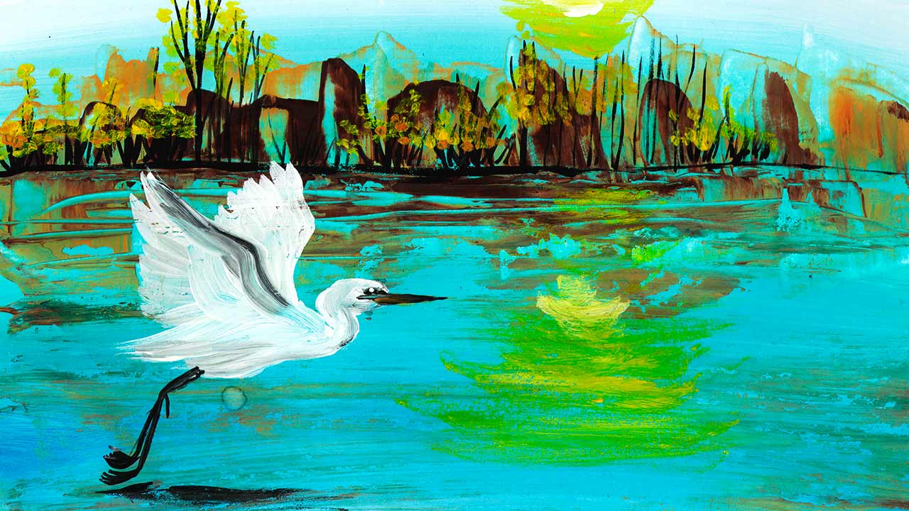 Как нарисовать весну гуашью. Весенний пейзаж. Аист красками. смотреть онлайн