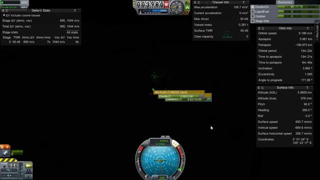 KSP 0.23 Полет на Муну на сверхлегкой ракете (2627кг)