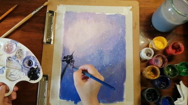 Мастер-класс "Звездная ночь" . Рисуем Снежный зимний лес. смотреть онлайн