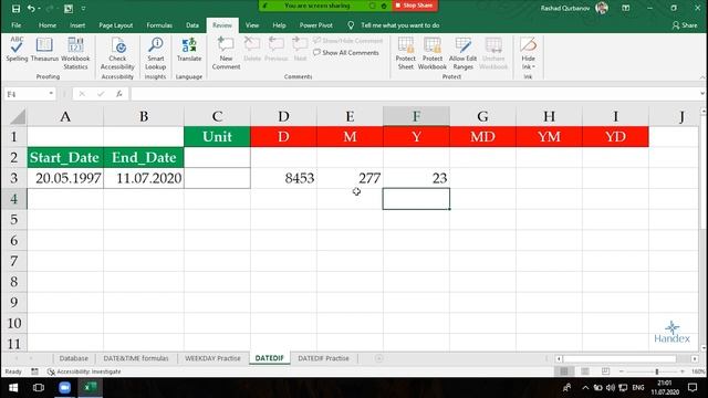 Excel dərsləri - 6.16 Excel DATEDIF funksiyası I İKİ TARİH ARASINDAKİ GÜN-HAFTA-AY-YIL FARKINI BULM смотреть онлайн