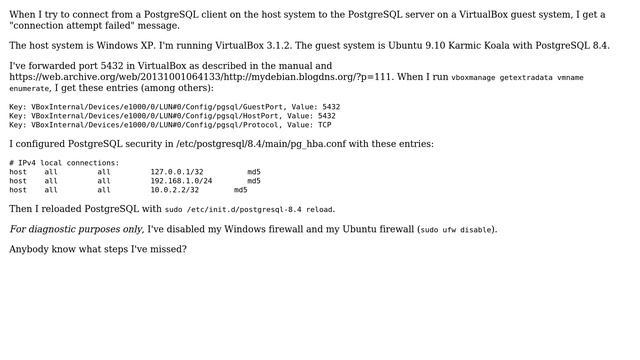 Can't connect to PostgreSQL on VirtualBox guest смотреть онлайн
