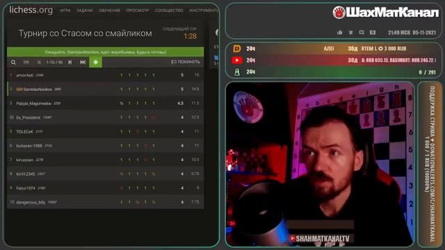 20211105 ФАН ЗОНА - Стас играет турнир, Женя - сеансы со зрителями +Рита! СТРИМ ШахМатКанал Шахматы смотреть онлайн