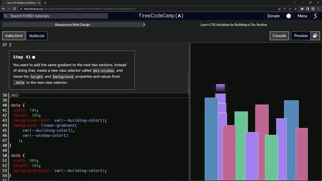 Learn CSS | FreeCodeCamp Learn CSS Variables by Building a City Skyline - Step 41 смотреть онлайн