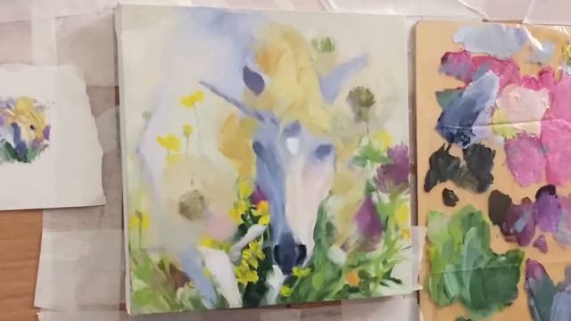 Фэнтези Единорог в цветах, картина маслом на холсте | Floral Unicorn fantasy oil painting смотреть онлайн