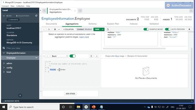 Apply aggregation pipeline operators [ $count, $sort, etc., ] on documents collection from Compass смотреть онлайн