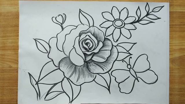 how to draw flowers & butterfly with pencil sketch,rose flower drawing,butterfly drawing, смотреть онлайн