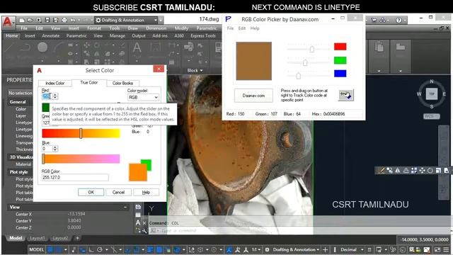 174 (FORMAT TOOL) (COL) COLOR COMMAND AUTOCAD, HOW TO CHANGE COLOR BY RGB, HOW TO SET OBJECT COLOR, смотреть онлайн