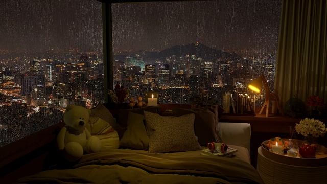 Cozy Bedroom & Rainy Night City | Rain On Window | Rain & Thunder Sounds 8 Hours