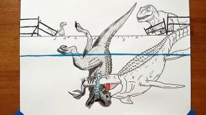 T-Rex & Blue & Mosasaurus vs Indominus Rex Drawing | Jurassic World | Fan art