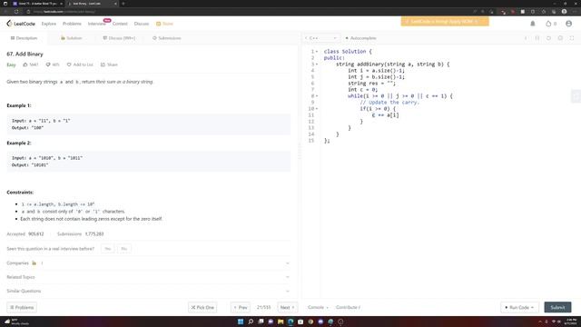 LeetCode 67 - Add Binary - C++ смотреть онлайн