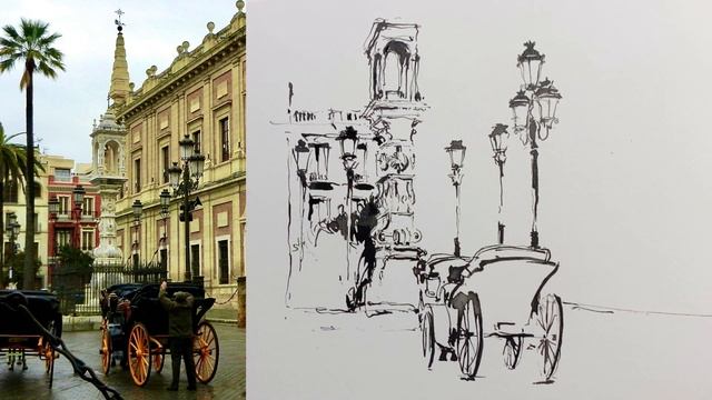 How to simplify urban street sketching - ink and watercolor - Seville Spain смотреть онлайн