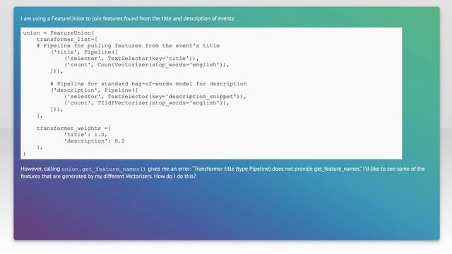 Getting feature names from within a FeatureUnion + Pipeline смотреть онлайн