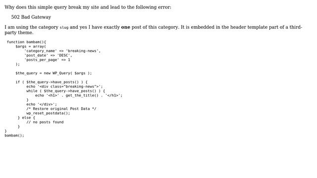Wordpress: WP Query Leads to 502 Bad Gateway (Timeout Because Query Takes Too Long) смотреть онлайн