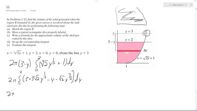x = sqrt(2y) + 1, y=2, x=0, y=0; about the line y=3 смотреть онлайн