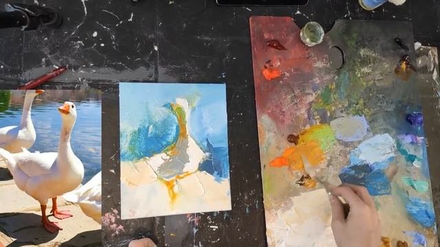 Мастер-класс по живописи для начинающих художников. Как нарисовать гуся мастихином. МК по живописи смотреть онлайн