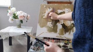 Пионы против света. Живопись маслом