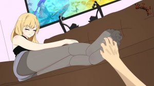 Tickling Marin Kitagawa black pantyhose feet.