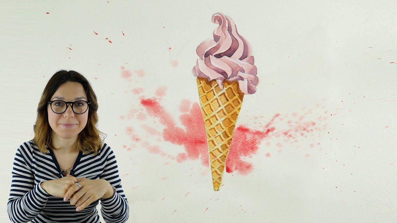 Скетчинг акварелью «Вафельный рожок» | Как нарисовать мороженое поэтапно смотреть онлайн