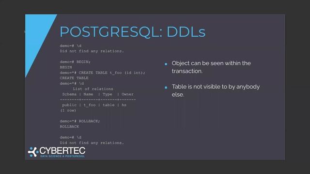 PostgreSQL Transactional DDLs - EXPLAINING POSTGRESQL | CYBERTEC смотреть онлайн