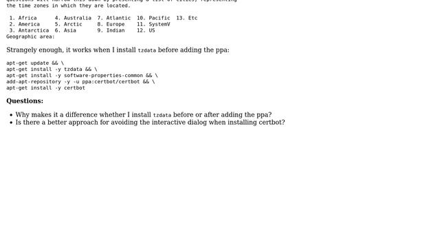 Ubuntu: Avoiding user interaction with tzdata when installing certbot in a docker container смотреть онлайн