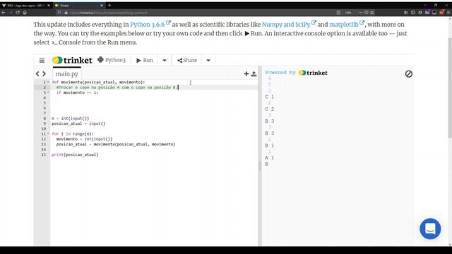 3053 - Jogo dos copos - URI Online Judge - Python 3 смотреть онлайн
